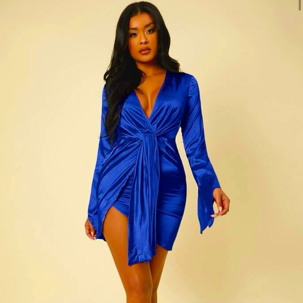 Royal Blue | SZ Small | Women’s Long Sleeve | Satin | Draped | Wrap Dress